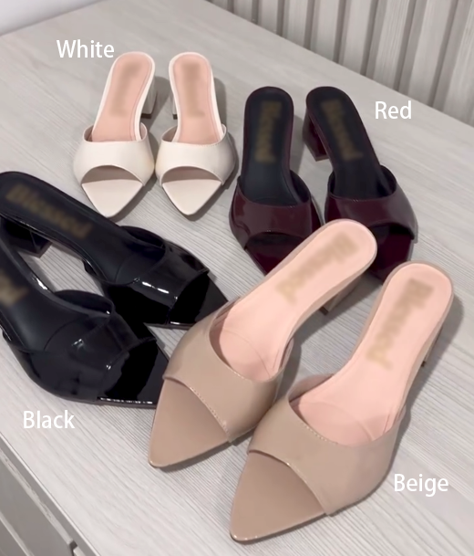 Women's Patent Leather Pointed-Toe Block Heel Mule Sandals