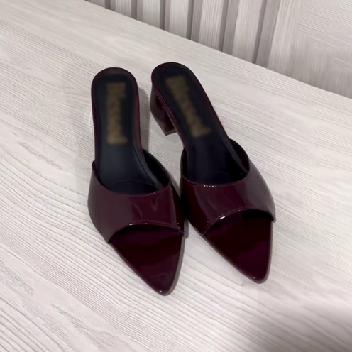 Women's Patent Leather Pointed-Toe Block Heel Mule Sandals