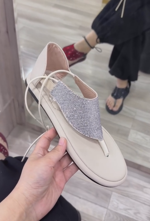 Women's Rhinestone T-Strap Flat Sandals