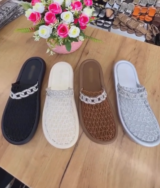Women's Rhinestone Chain Mesh Flat Slides