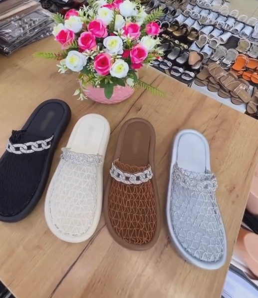 Women's Rhinestone Chain Mesh Flat Slides