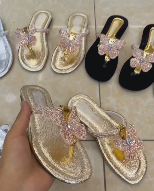 Women's Crystal Butterfly Embellished T-Strap Flip Flop Sandals