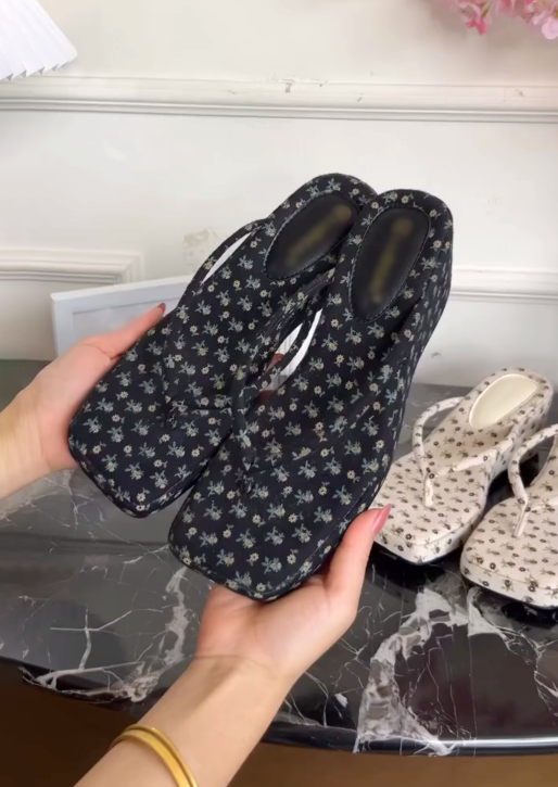Vintage Floral Square Toe Wedge Flip Flop Sandals