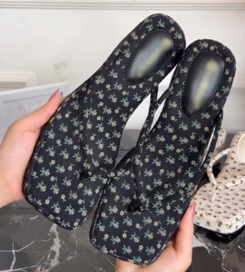 Vintage Floral Square Toe Wedge Flip Flop Sandals