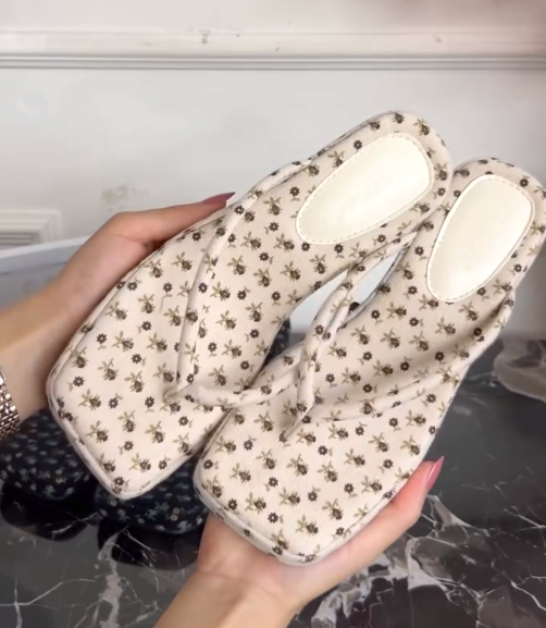 Vintage Floral Square Toe Wedge Flip Flop Sandals