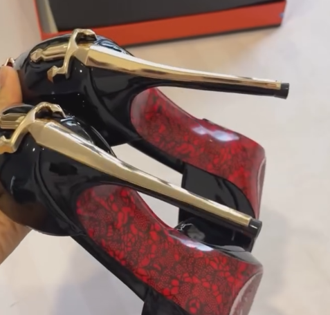 Black Patent Leather Red Bottom Pointed Heels Gold Metal Stiletto Platform Pumps