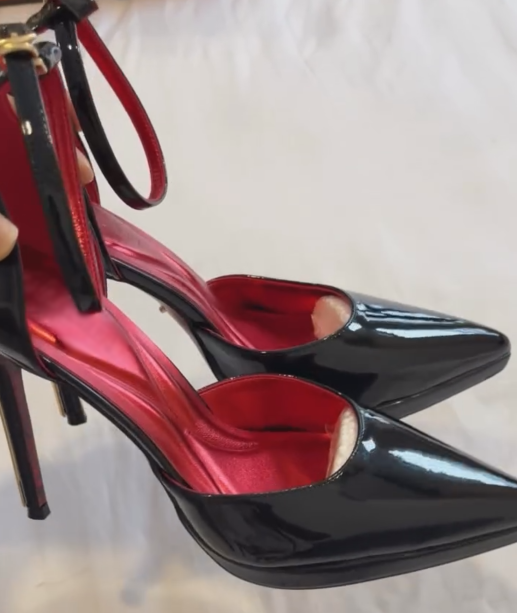 Black Patent Leather Red Bottom Pointed Heels Gold Metal Stiletto Platform Pumps
