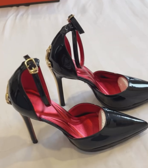 Black Patent Leather Red Bottom Pointed Heels Gold Metal Stiletto Platform Pumps