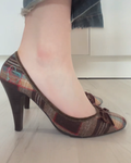 Vintage Plaid Wool Bow Heels Round Toe Block Heel Pumps