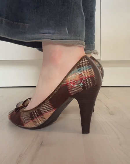Vintage Plaid Wool Bow Heels Round Toe Block Heel Pumps
