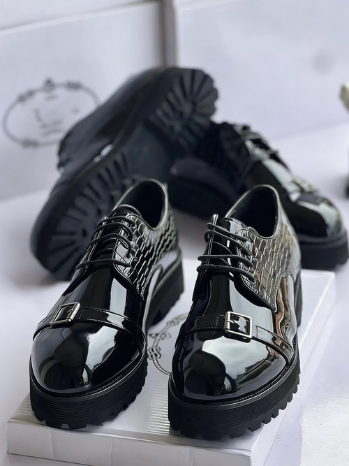 Crocodile-Embossed Patent Leather Monk Strap Derby Shoes