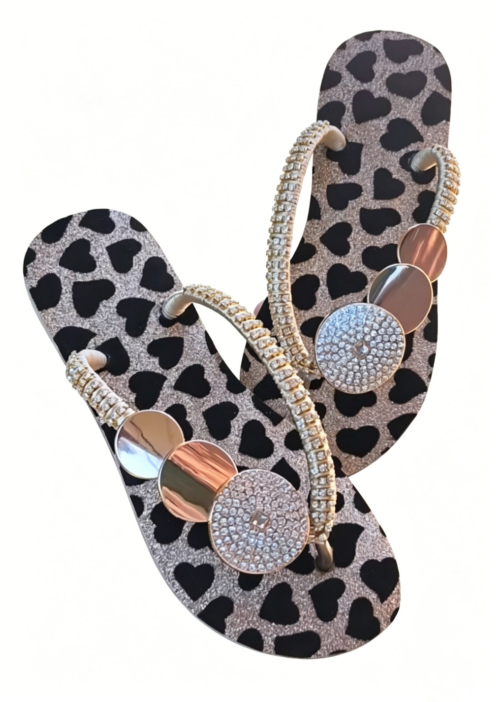 Ladies' Rhinestone & Heart Print Flip Flops