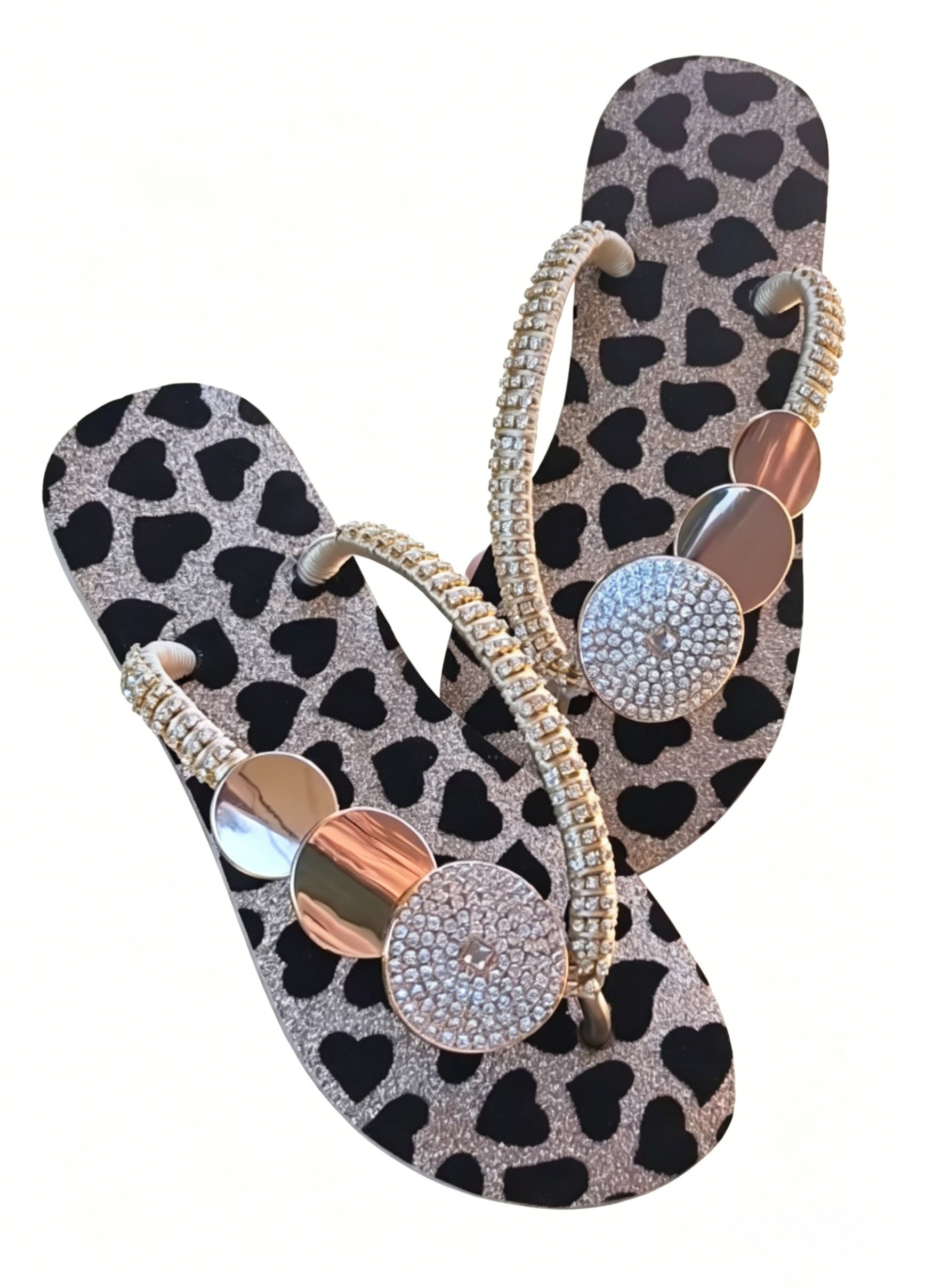 Ladies' Rhinestone & Heart Print Flip Flops