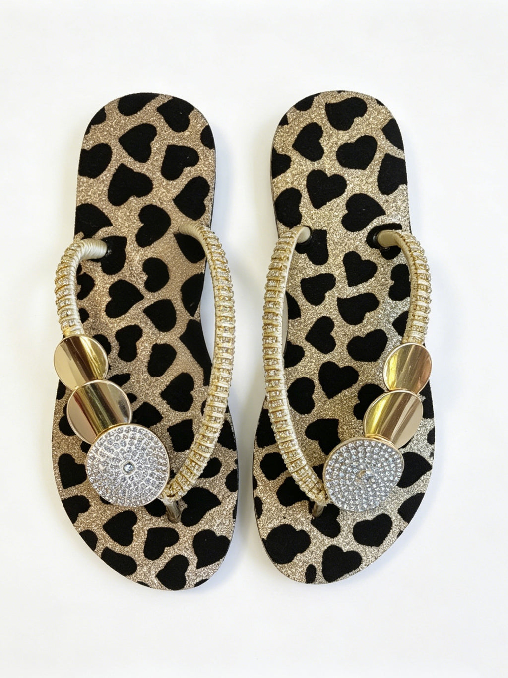 Ladies' Rhinestone & Heart Print Flip Flops