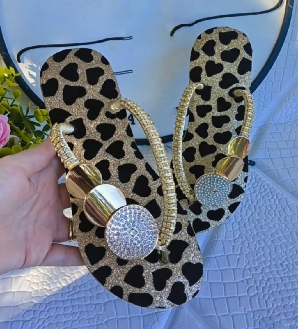 Ladies' Rhinestone & Heart Print Flip Flops