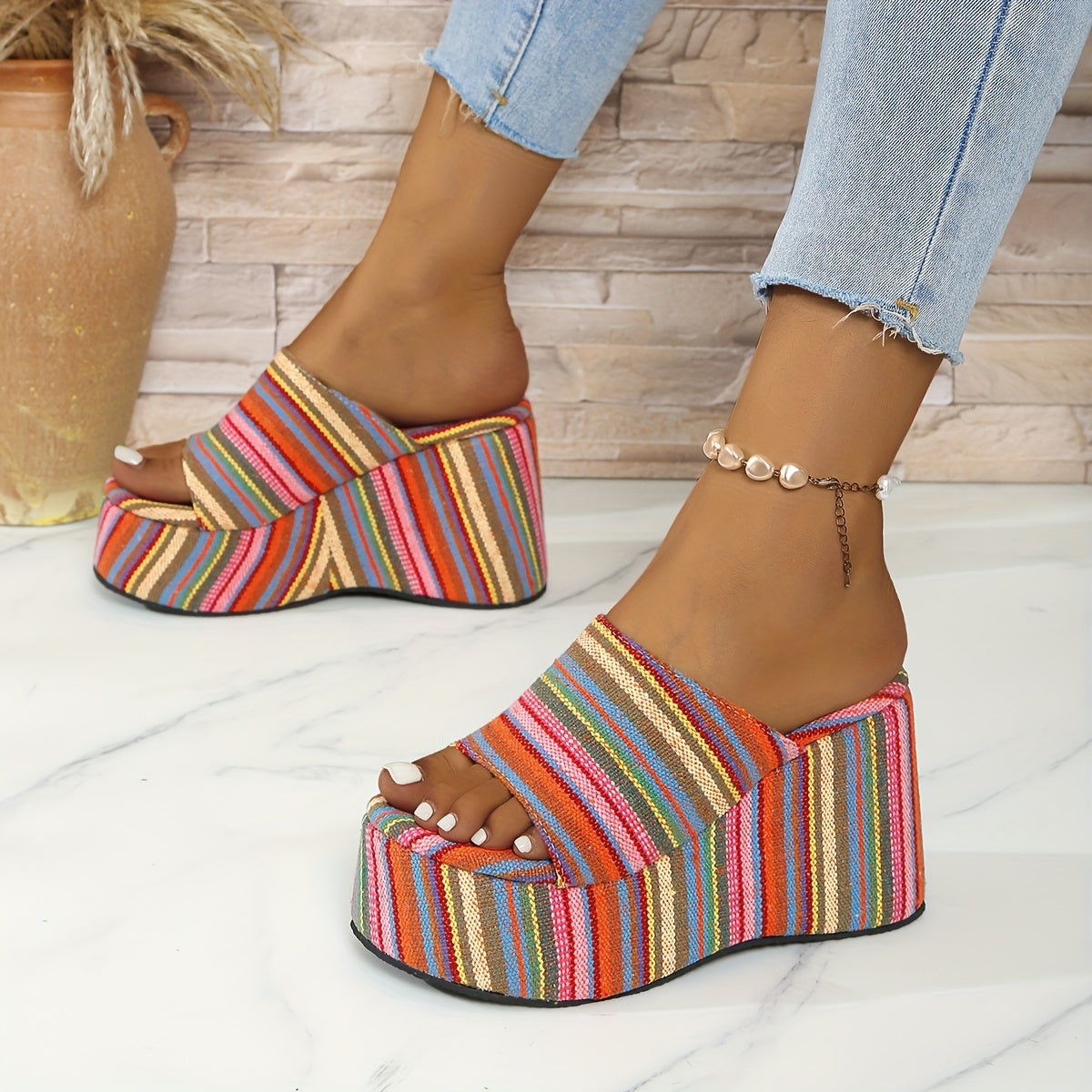 Ladies' Bohemian Striped Platform Wedge Sandals