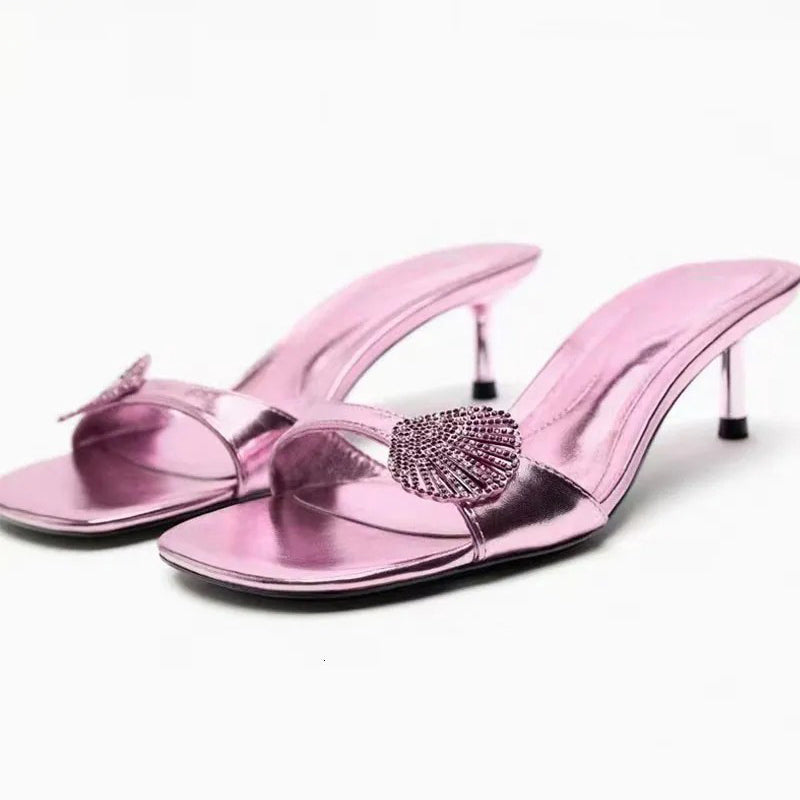 Ladies' Metallic Pink Rhinestone Shell Square-Toe Kitten Heel Mule Sandals