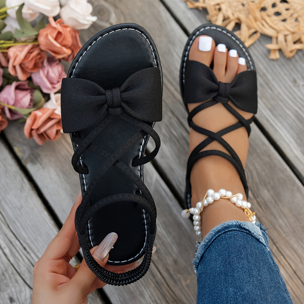 Ladies' Bow Crisscross Elastic Strap Flat Sandals