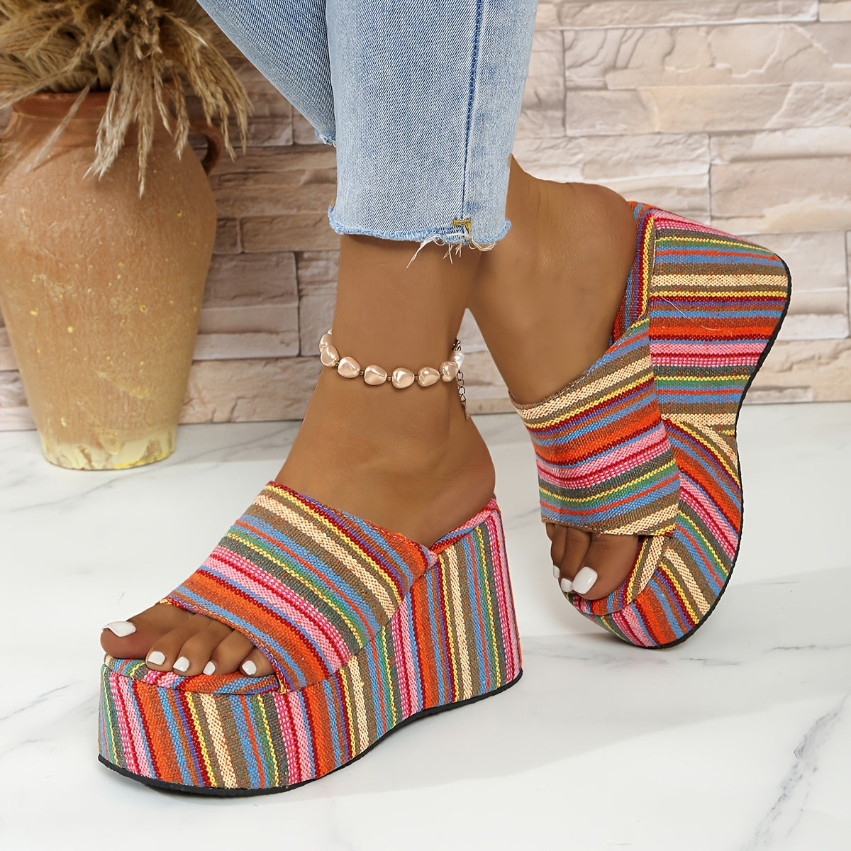 Ladies' Bohemian Striped Platform Wedge Sandals