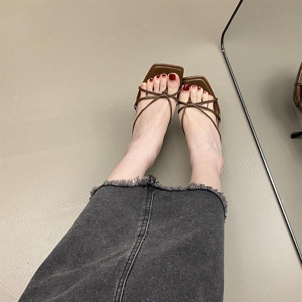 Ladies' Knotted Strap Square-Toe Thong Mule Heels