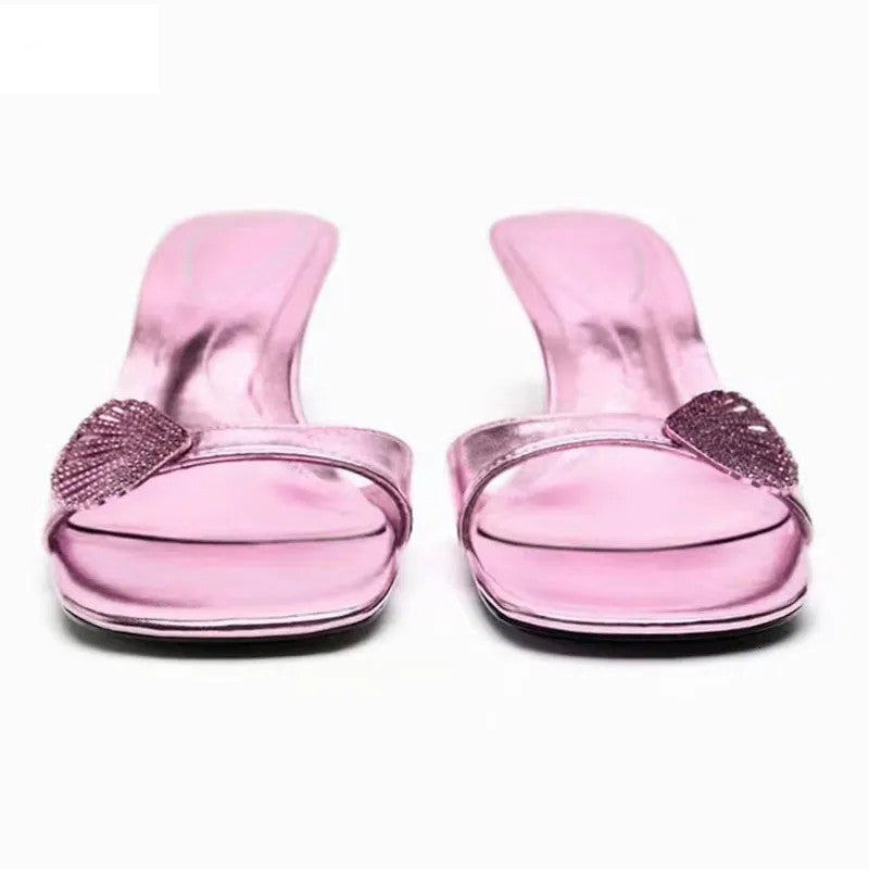 Ladies' Metallic Pink Rhinestone Shell Square-Toe Kitten Heel Mule Sandals