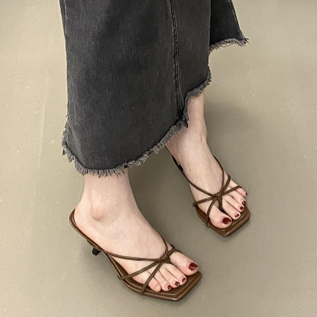 Ladies' Knotted Strap Square-Toe Thong Mule Heels