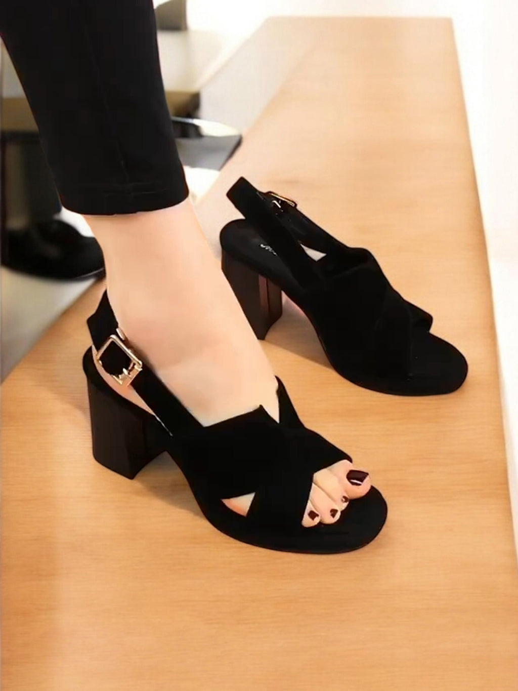 Ladies' Suede Crisscross Block Heel Sandals