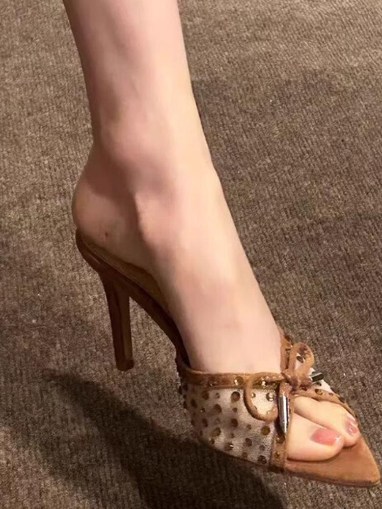 Ladies' Rhinestone Mesh Bow Pointed-Toe Mule Heels
