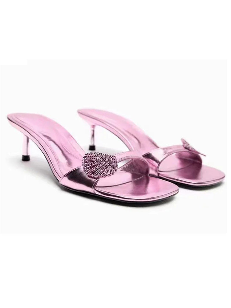 Ladies' Metallic Pink Rhinestone Shell Square-Toe Kitten Heel Mule Sandals