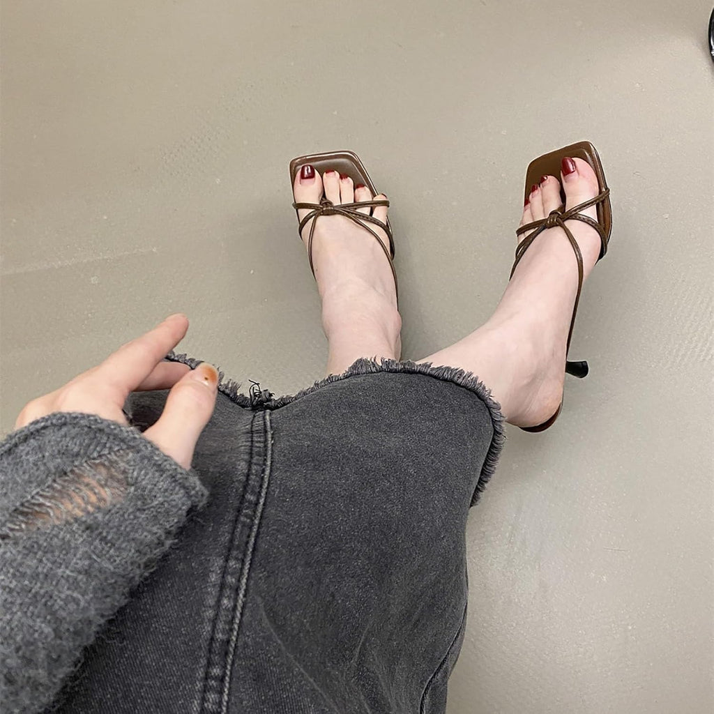 Ladies' Knotted Strap Square-Toe Thong Mule Heels