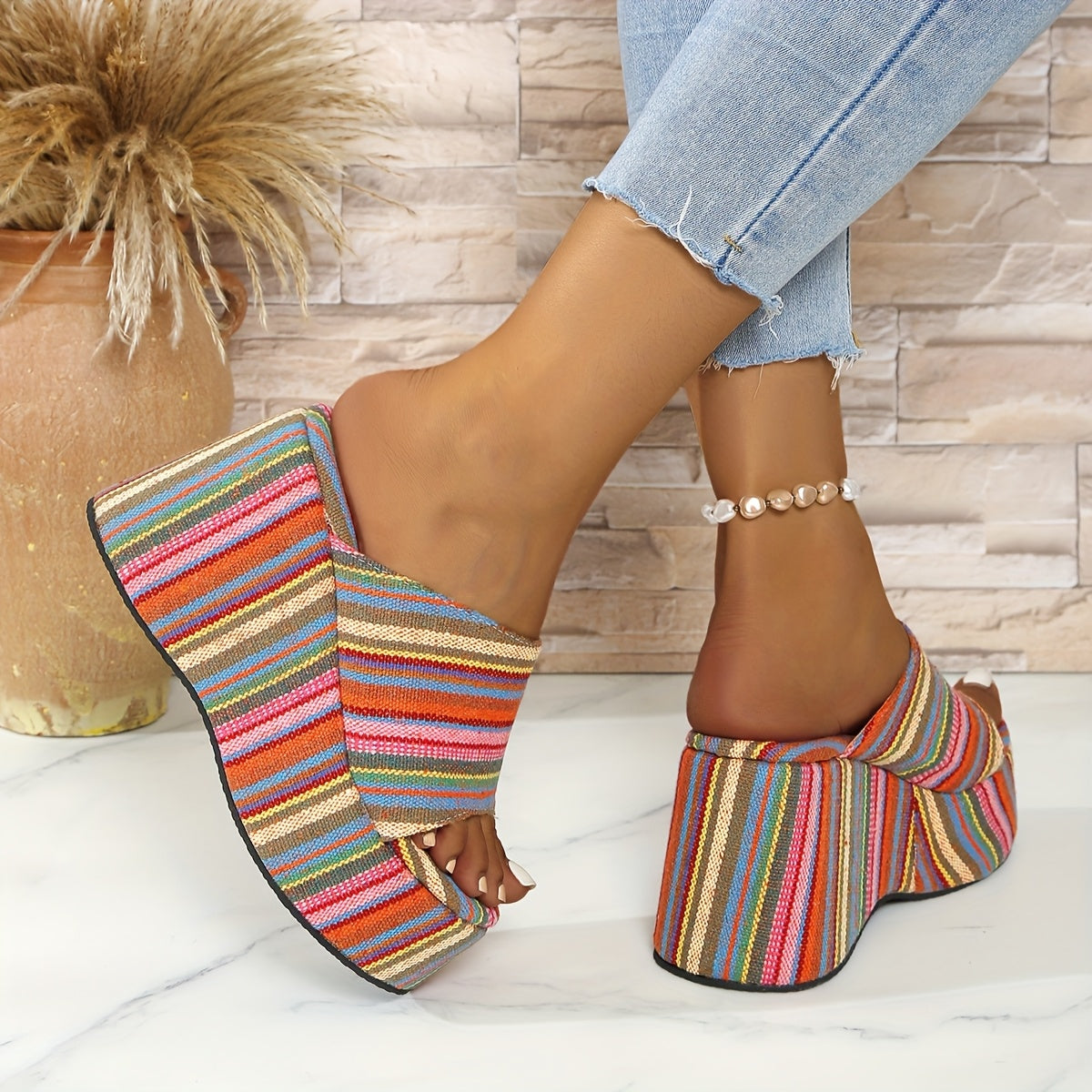 Ladies' Bohemian Striped Platform Wedge Sandals