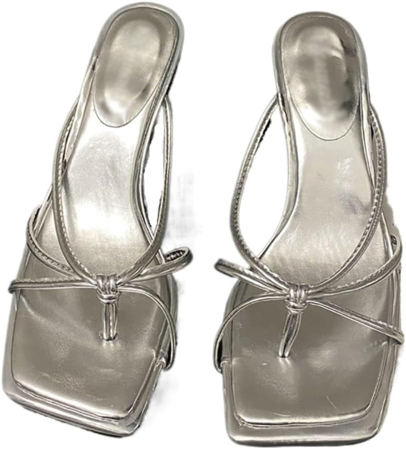 Ladies' Knotted Strap Square-Toe Thong Mule Heels