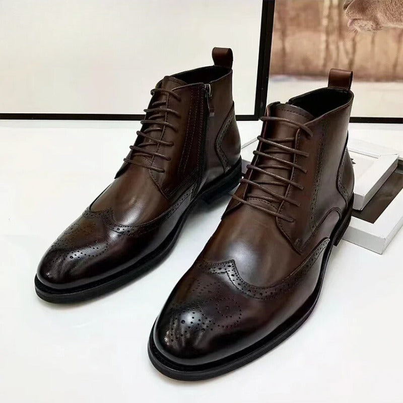 Polished Leather Lace-Up Dress Shoes With Side Zipper