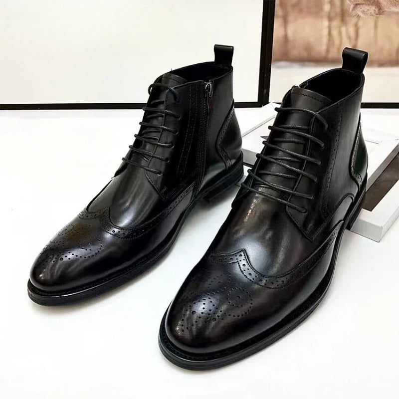 Polished Leather Lace-Up Dress Shoes With Side Zipper