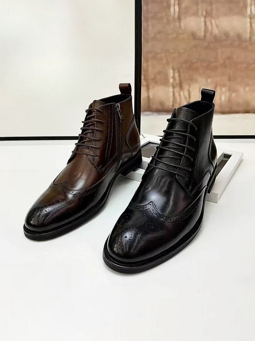Polished Leather Lace-Up Dress Shoes With Side Zipper