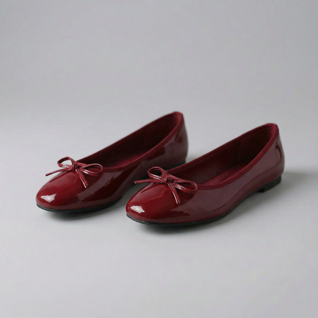 Patent Leather Bow Ballet Flats French Round Toe Slip On Shoes