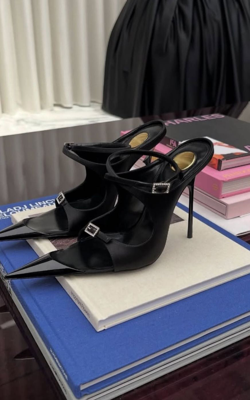 Ladies' Black Satin Crystal-Embellished Pointed-Toe Heels