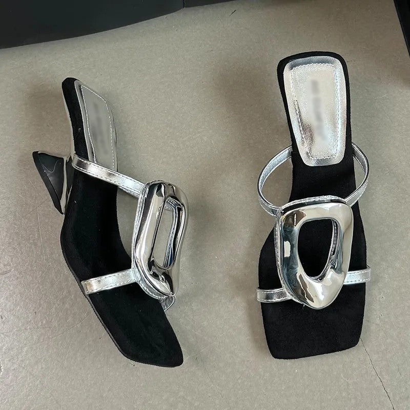 Ladies' Metal Buckle Wedge Heel Slide Sandals