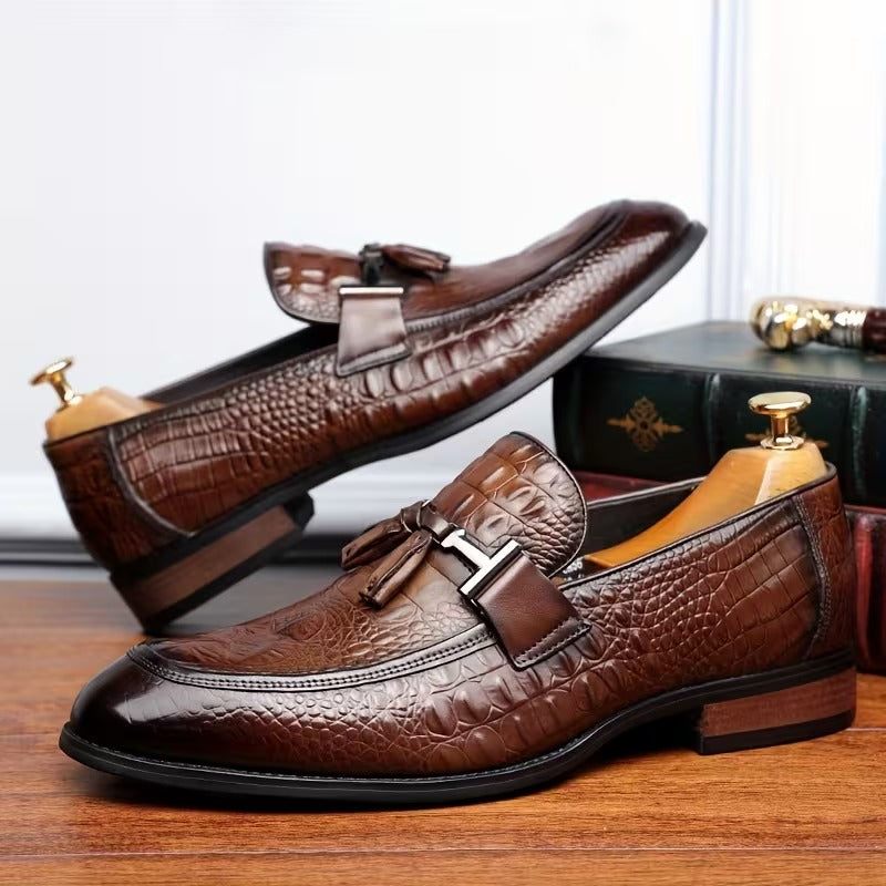 Textured Slip-On Dress Shoes With Metal Buckle