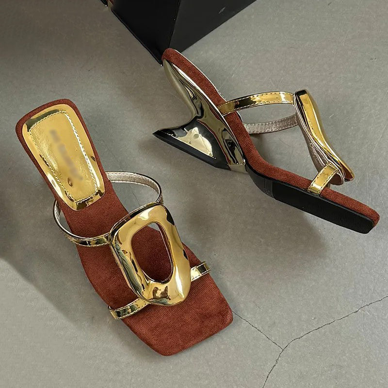 Ladies' Metal Buckle Wedge Heel Slide Sandals