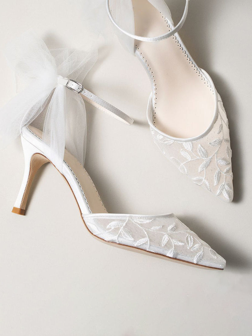 Ladies' Embroidered Lace Bridal Heels with Tulle Bow