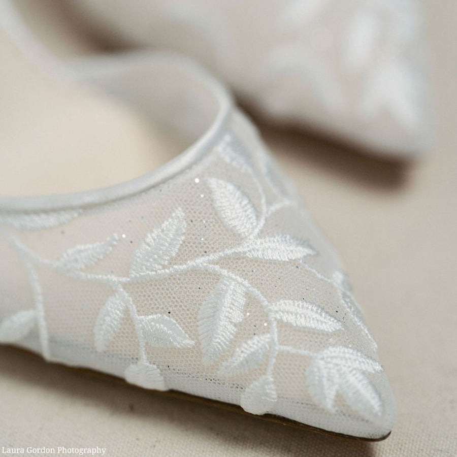 Ladies' Embroidered Lace Bridal Heels with Tulle Bow