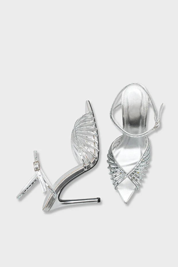 Fan-Shaped Cutout Rhinestone Pointed Toe Stiletto Ankle Strap Heels