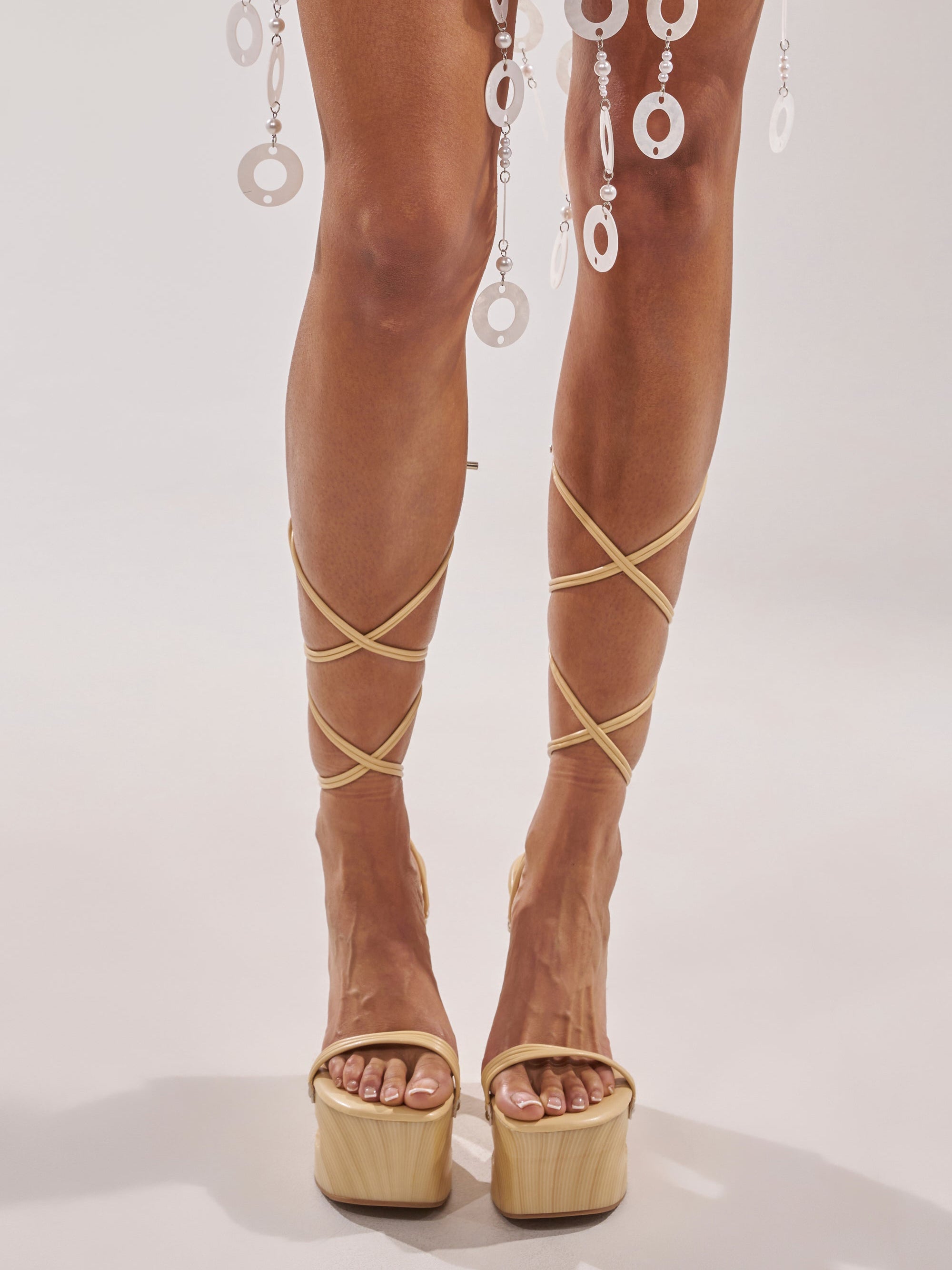 Wood-Effect Cutout Wedge Heel Lace-Up Sandals