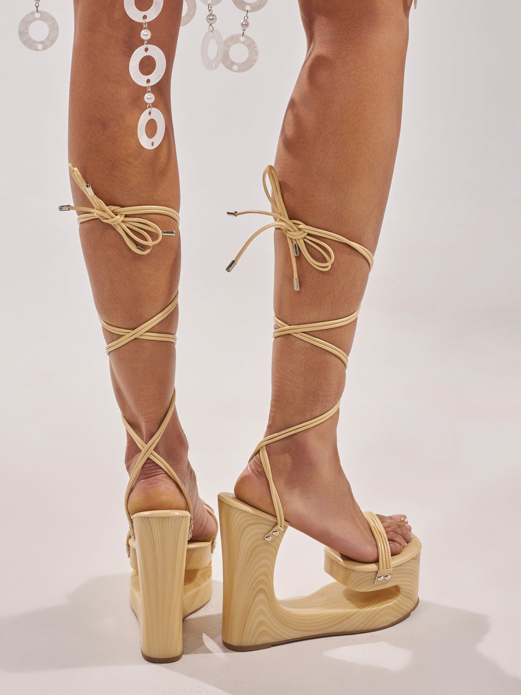Wood-Effect Cutout Wedge Heel Lace-Up Sandals