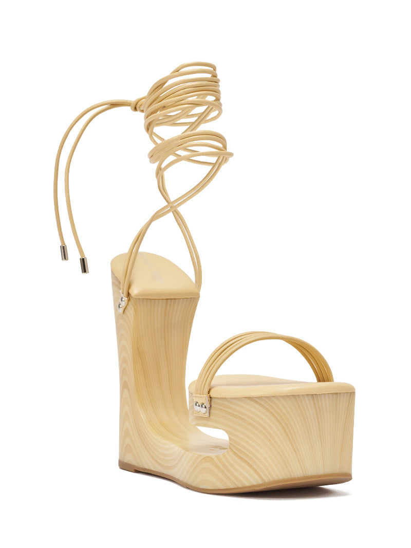 Wood-Effect Cutout Wedge Heel Lace-Up Sandals