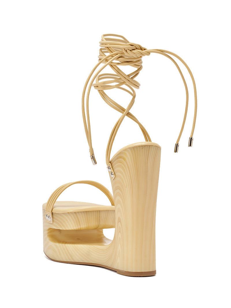 Wood-Effect Cutout Wedge Heel Lace-Up Sandals