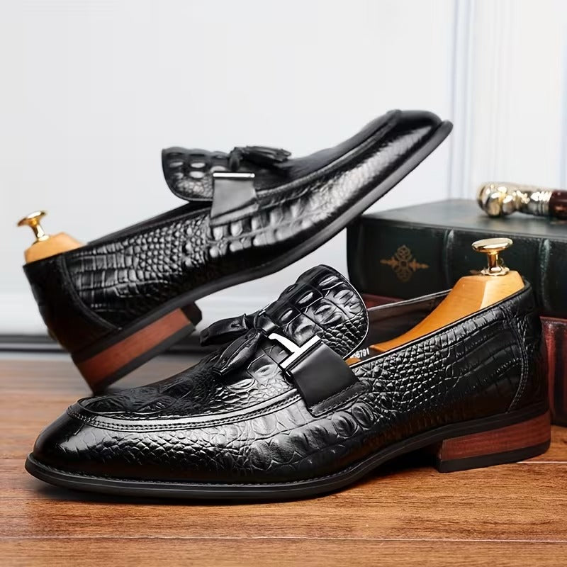 Textured Slip-On Dress Shoes With Metal Buckle