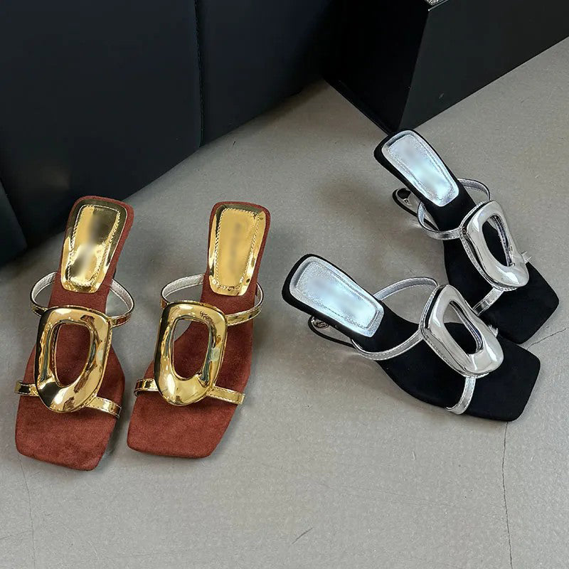Ladies' Metal Buckle Wedge Heel Slide Sandals