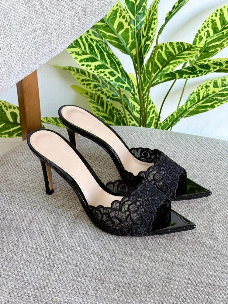 Ladies' Lace Embellished Pointed-Toe Mule Heels